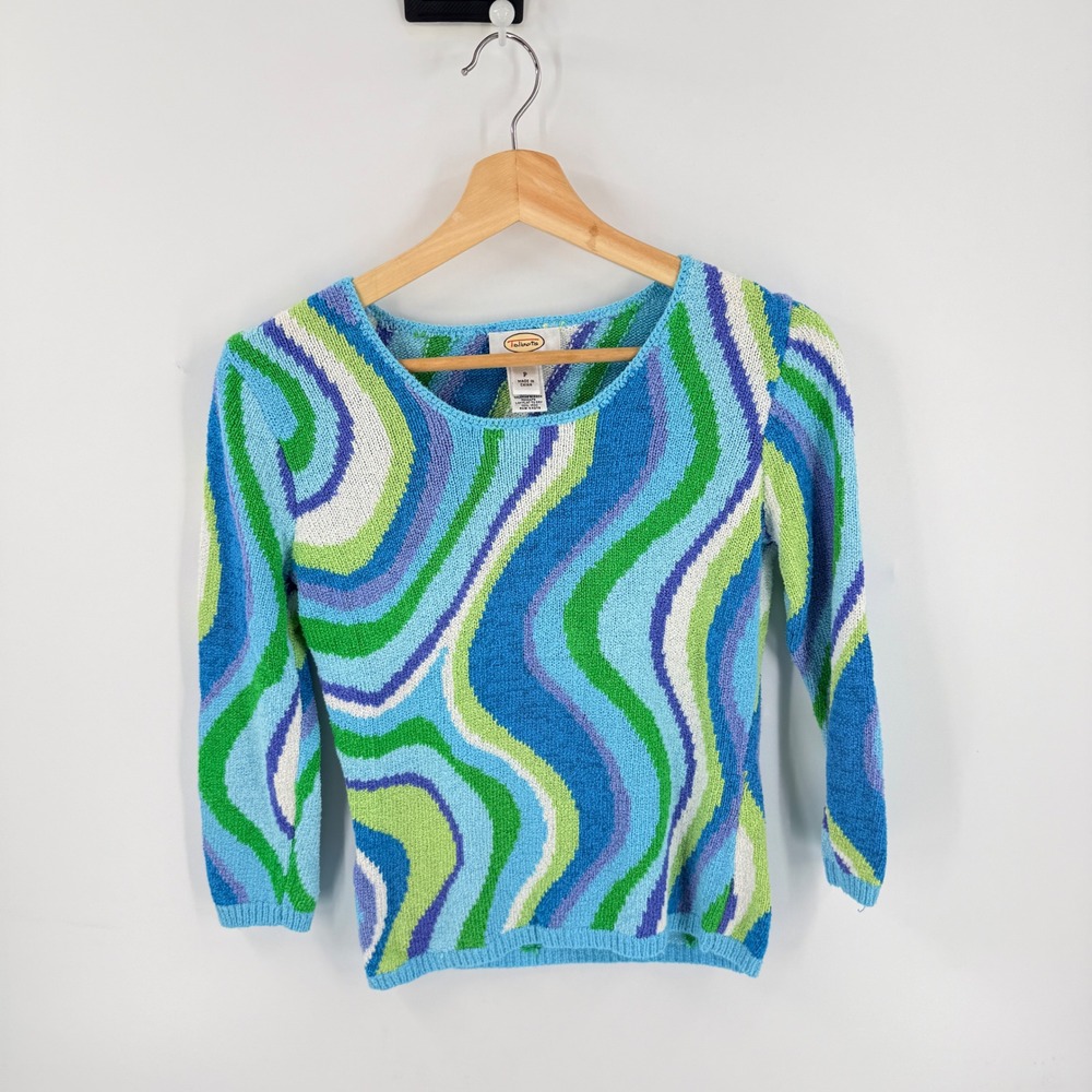Vintage Talbots Sweater SP Psychedelic Swirl‎ Knit Scoop 3/4 Sleeve Whimsical